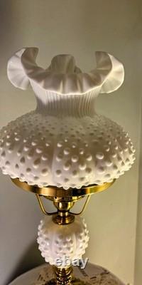 Vintage Fenton White Milk Glass Hobnail Student Lamp With Brass Base