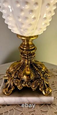 Vintage Fenton White Milk Glass Hobnail Student Lamp With Brass Base