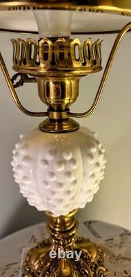 Vintage Fenton White Milk Glass Hobnail Student Lamp With Brass Base