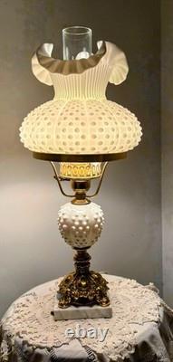 Vintage Fenton White Milk Glass Hobnail Student Lamp With Brass Base