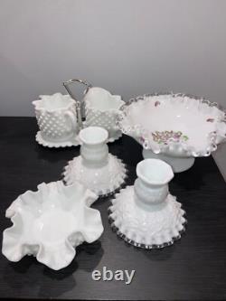 Vintage Fenton White Milk Glass Hobnail Vase-Candle holder-Sugar&Cr lot 7 pieces
