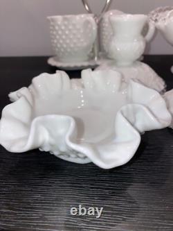 Vintage Fenton White Milk Glass Hobnail Vase-Candle holder-Sugar&Cr lot 7 pieces