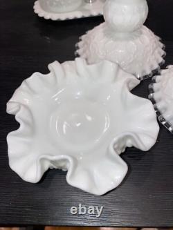 Vintage Fenton White Milk Glass Hobnail Vase-Candle holder-Sugar&Cr lot 7 pieces