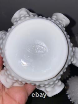 Vintage Fenton White Milk Glass Hobnail Vase-Candle holder-Sugar&Cr lot 7 pieces