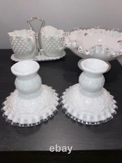 Vintage Fenton White Milk Glass Hobnail Vase-Candle holder-Sugar&Cr lot 7 pieces