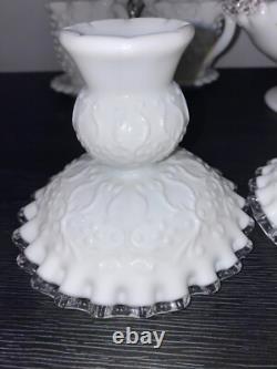 Vintage Fenton White Milk Glass Hobnail Vase-Candle holder-Sugar&Cr lot 7 pieces