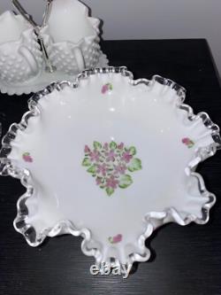 Vintage Fenton White Milk Glass Hobnail Vase-Candle holder-Sugar&Cr lot 7 pieces