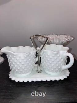 Vintage Fenton White Milk Glass Hobnail Vase-Candle holder-Sugar&Cr lot 7 pieces