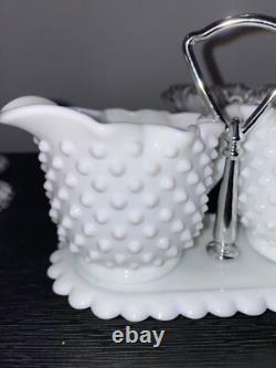 Vintage Fenton White Milk Glass Hobnail Vase-Candle holder-Sugar&Cr lot 7 pieces