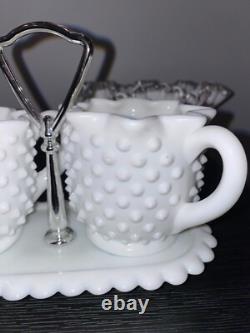Vintage Fenton White Milk Glass Hobnail Vase-Candle holder-Sugar&Cr lot 7 pieces