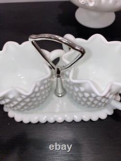Vintage Fenton White Milk Glass Hobnail Vase-Candle holder-Sugar&Cr lot 7 pieces