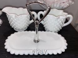 Vintage Fenton White Milk Glass Hobnail Vase-Candle holder-Sugar&Cr lot 7 pieces