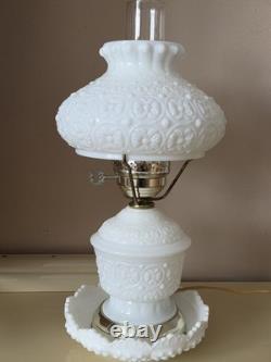 Vintage Fenton White Milk Glass Hurricane Lamp Daisy & Button Gone With The Wind