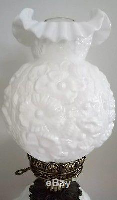 Vintage Fenton White Poppy Milk Glass Gone With The Wind Parlor Lamp Beautiful