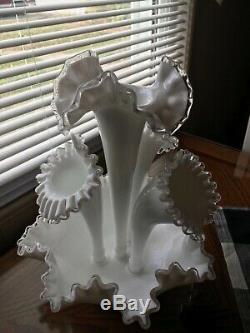 Vintage Fenton white milk glass bowl with 4 epergnes with silver crest edge