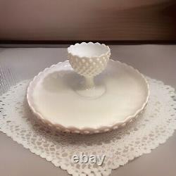 Vintage Fenton white milk glass hobnail chip and dip set tray and footed bowl