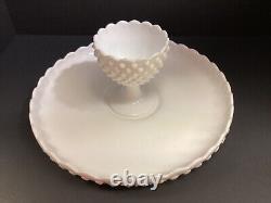 Vintage Fenton white milk glass hobnail chip and dip set tray and footed bowl