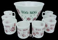 Vintage Fire King Egg Nog 9 piece Set Milk Glass Snowflake Retro Punch Bowl NICE