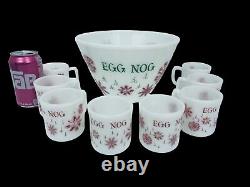 Vintage Fire King Egg Nog 9 piece Set Milk Glass Snowflake Retro Punch Bowl NICE