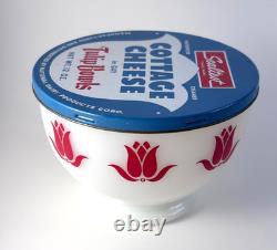 Vintage Fire King Milk Glass Red Tulip Bowl with Sealtest Cottage Cheese Lid