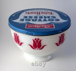 Vintage Fire King Milk Glass Red Tulip Bowl with Sealtest Cottage Cheese Lid