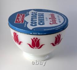 Vintage Fire King Milk Glass Red Tulip Bowl with Sealtest Cottage Cheese Lid