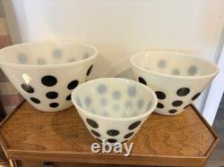 Vintage Fire-King Oven Ware Milk Glass Black Polka Dot Mixing Bowl Set, 3-Piece