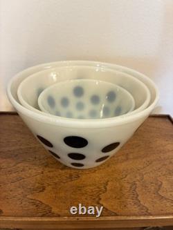 Vintage Fire-King Oven Ware Milk Glass Black Polka Dot Mixing Bowl Set, 3-Piece