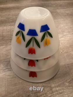Vintage Fire King Set Of 3 Tulip Milk Glass Nesting Mixing Bowls