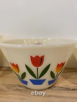 Vintage Fire King Tulip Print 5-Piece Milk Glass Nesting Bowl Set