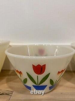 Vintage Fire King Tulip Print 5-Piece Milk Glass Nesting Bowl Set
