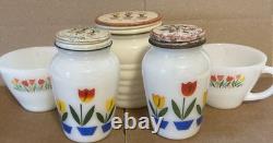 Vintage Fire King Tulip Salt Pepper Shakers & Grease Jar & 2 Coffee Mugs FREE SH