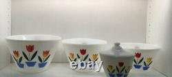 Vintage Fire King Tulips Mixing Bowl 4 Piece Set PLUS Grease Jar Lid