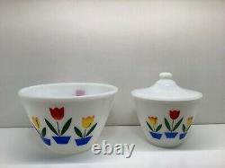 Vintage Fire King Tulips Mixing Bowl 4 Piece Set PLUS Grease Jar Lid