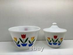 Vintage Fire King Tulips Mixing Bowl 4 Piece Set PLUS Grease Jar Lid