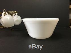 Vintage Fire-King White Milk Glass Egg Nog Punch Bowl & 8 Mugs Brass Rack Stand