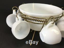 Vintage Fire-King White Milk Glass Egg Nog Punch Bowl & 8 Mugs Brass Rack Stand