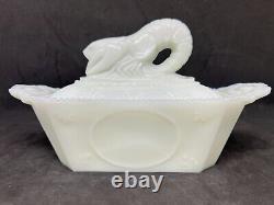 Vintage Flaccus Rectangular Milk Glass Covered Dish With A Crawfish On The Lid