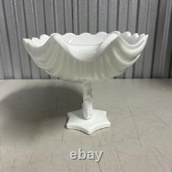 Vintage Foo Dolphin Compote Milk Glass Shell Bowl Large