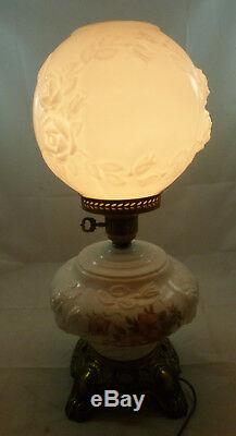 Vintage GWTW Hurricane Table Lamp Floral Embossed White Milk Glass Pink Roses