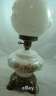 Vintage GWTW Hurricane Table Lamp Floral Embossed White Milk Glass Pink Roses