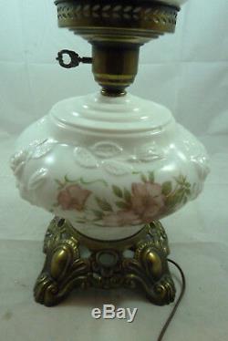 Vintage GWTW Hurricane Table Lamp Floral Embossed White Milk Glass Pink Roses