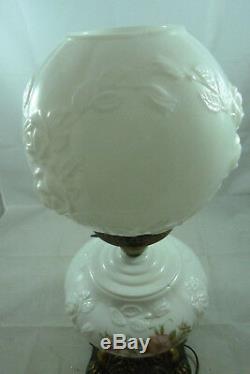 Vintage GWTW Hurricane Table Lamp Floral Embossed White Milk Glass Pink Roses