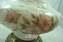 Vintage GWTW Hurricane Table Lamp Floral Embossed White Milk Glass Pink Roses