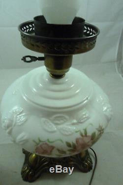 Vintage GWTW Hurricane Table Lamp Floral Embossed White Milk Glass Pink Roses