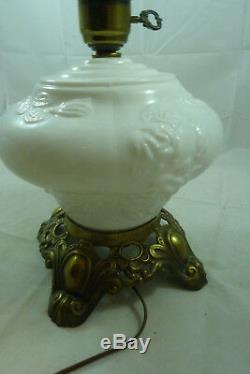 Vintage GWTW Hurricane Table Lamp Floral Embossed White Milk Glass Pink Roses
