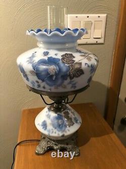 Vintage Gone With The Wind Hurricane Lamp Glass Blue Flowers Accurate Casting
