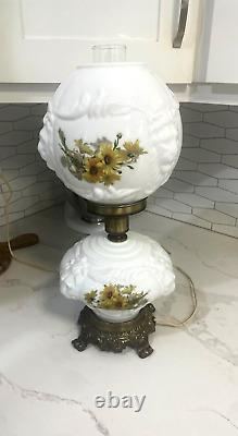 Vintage Gone with the Wind Hurricane Lamp Lions & Flowers Milk Glass (Hedco)