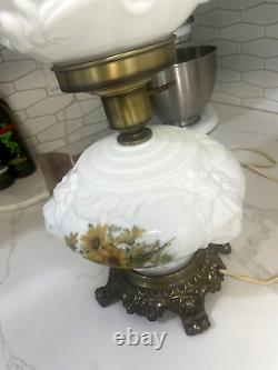 Vintage Gone with the Wind Hurricane Lamp Lions & Flowers Milk Glass (Hedco)