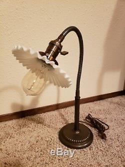 Vintage Gooseneck Desk or Table Lamp with White Milk Glass Petticoat Shade